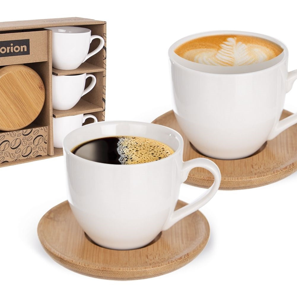 Six Porcelain Cups with Bamboo Saucers in Gift Box