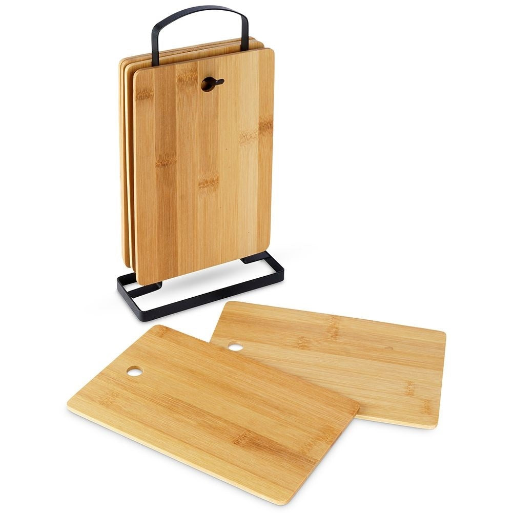 Six bamboo cutting boards on stand for cutting & serving