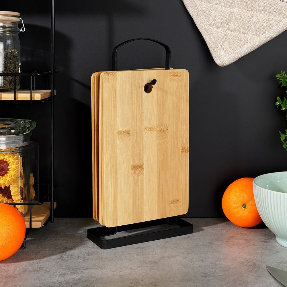 Six bamboo cutting boards on stand for cutting & serving