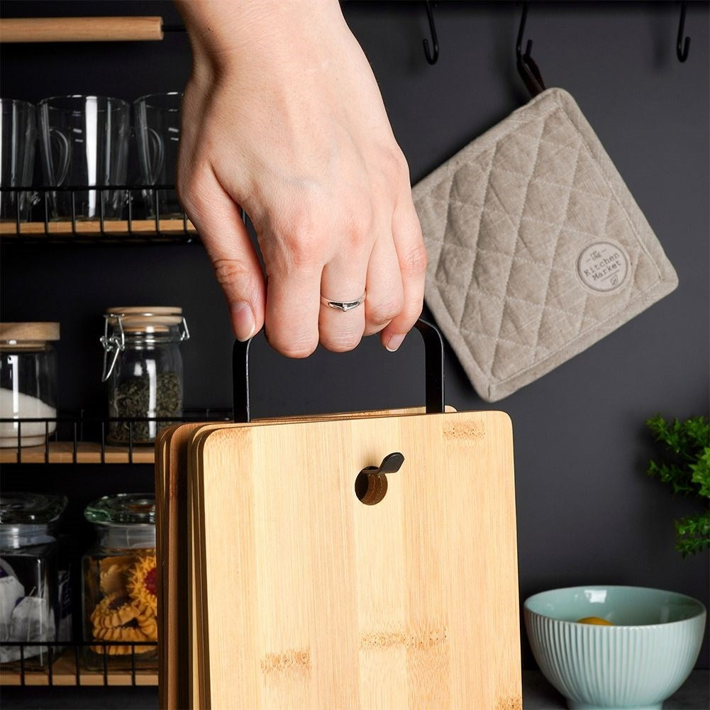 Six bamboo cutting boards on stand for cutting & serving