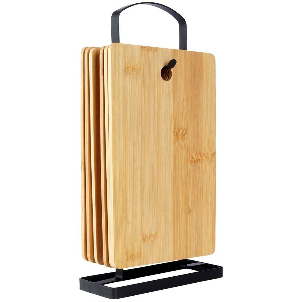 Six bamboo cutting boards on stand for cutting & serving