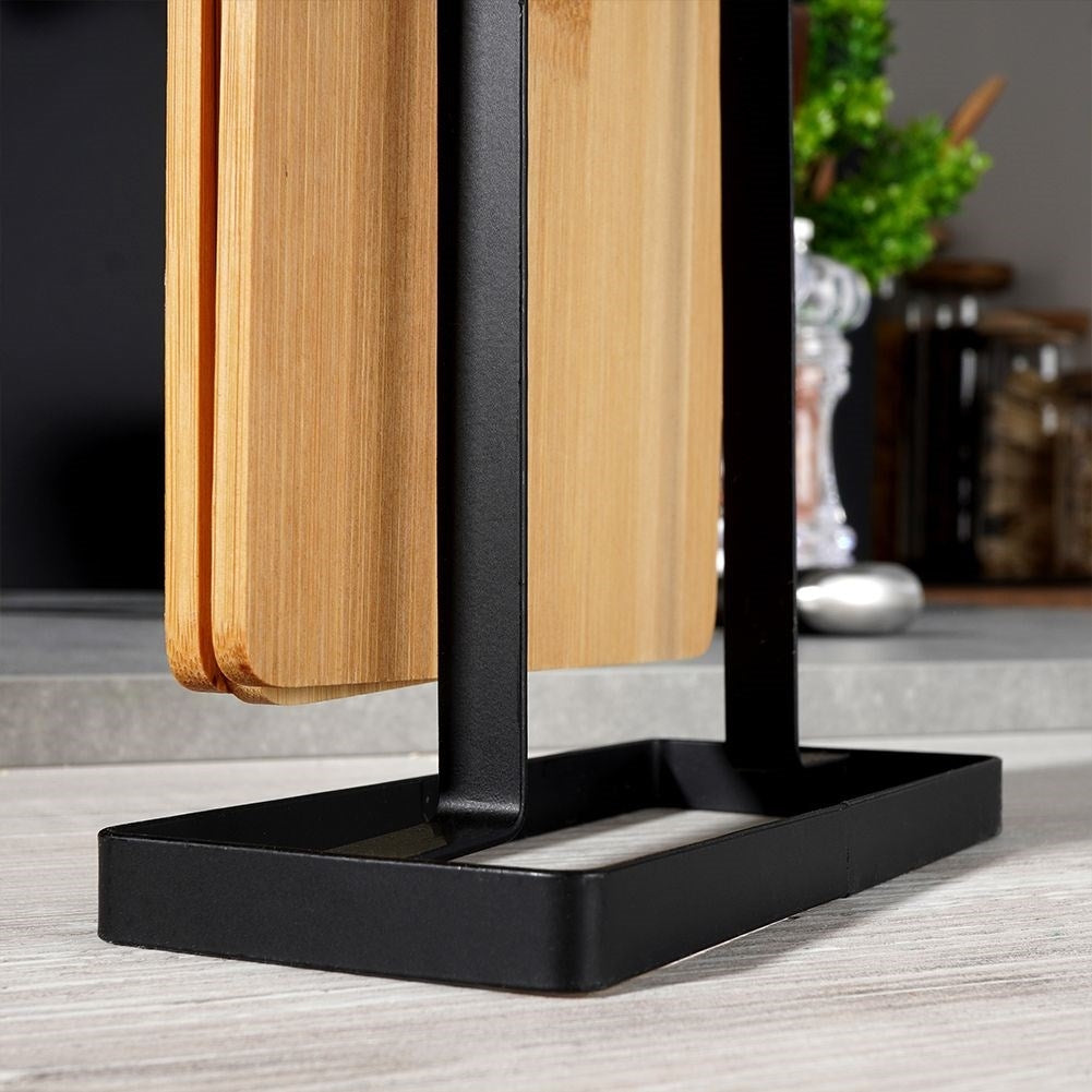 Six bamboo cutting boards on stand for cutting & serving