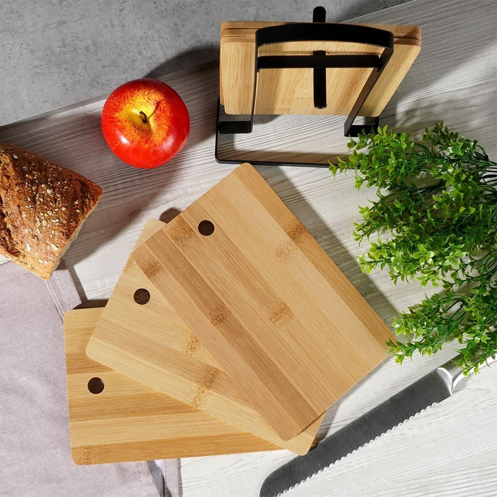 Six bamboo cutting boards on stand for cutting & serving