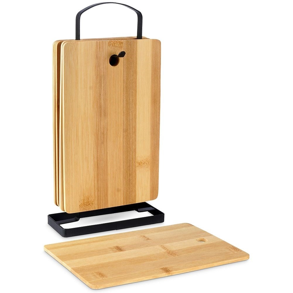 Six bamboo cutting boards on stand for cutting & serving