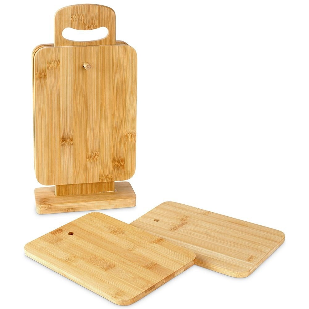 Six bamboo cutting boards with stand for cutting and serving