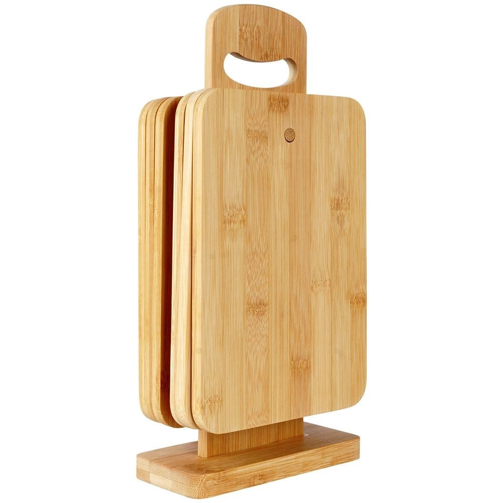 Six bamboo cutting boards with stand for cutting and serving
