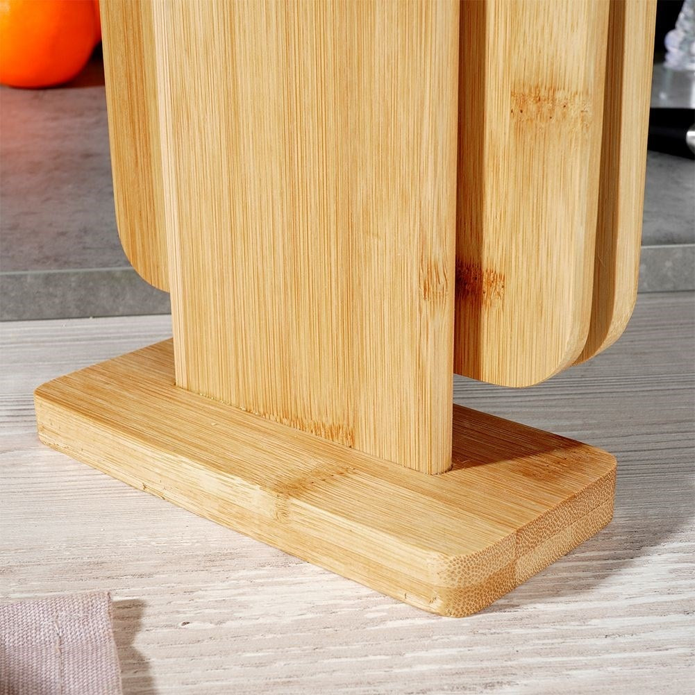 Six bamboo cutting boards with stand for cutting and serving