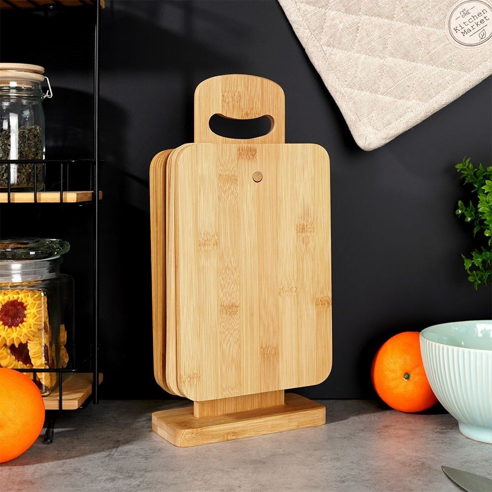 Six bamboo cutting boards with stand for cutting and serving