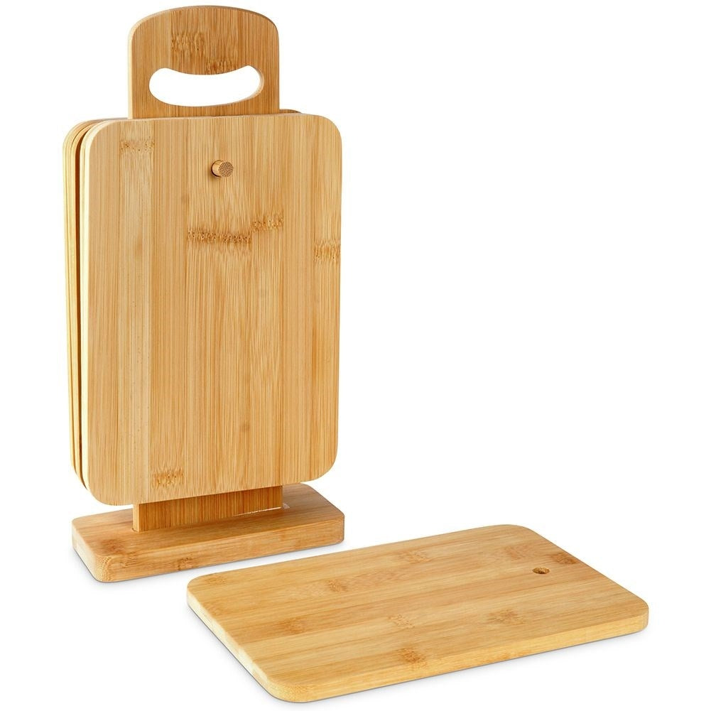 Six bamboo cutting boards with stand for cutting and serving