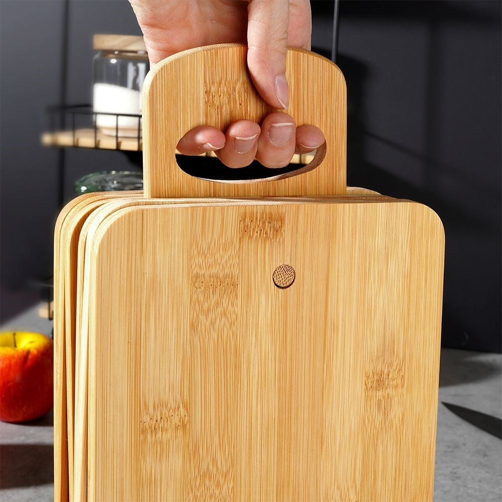 Six bamboo cutting boards with stand for cutting and serving