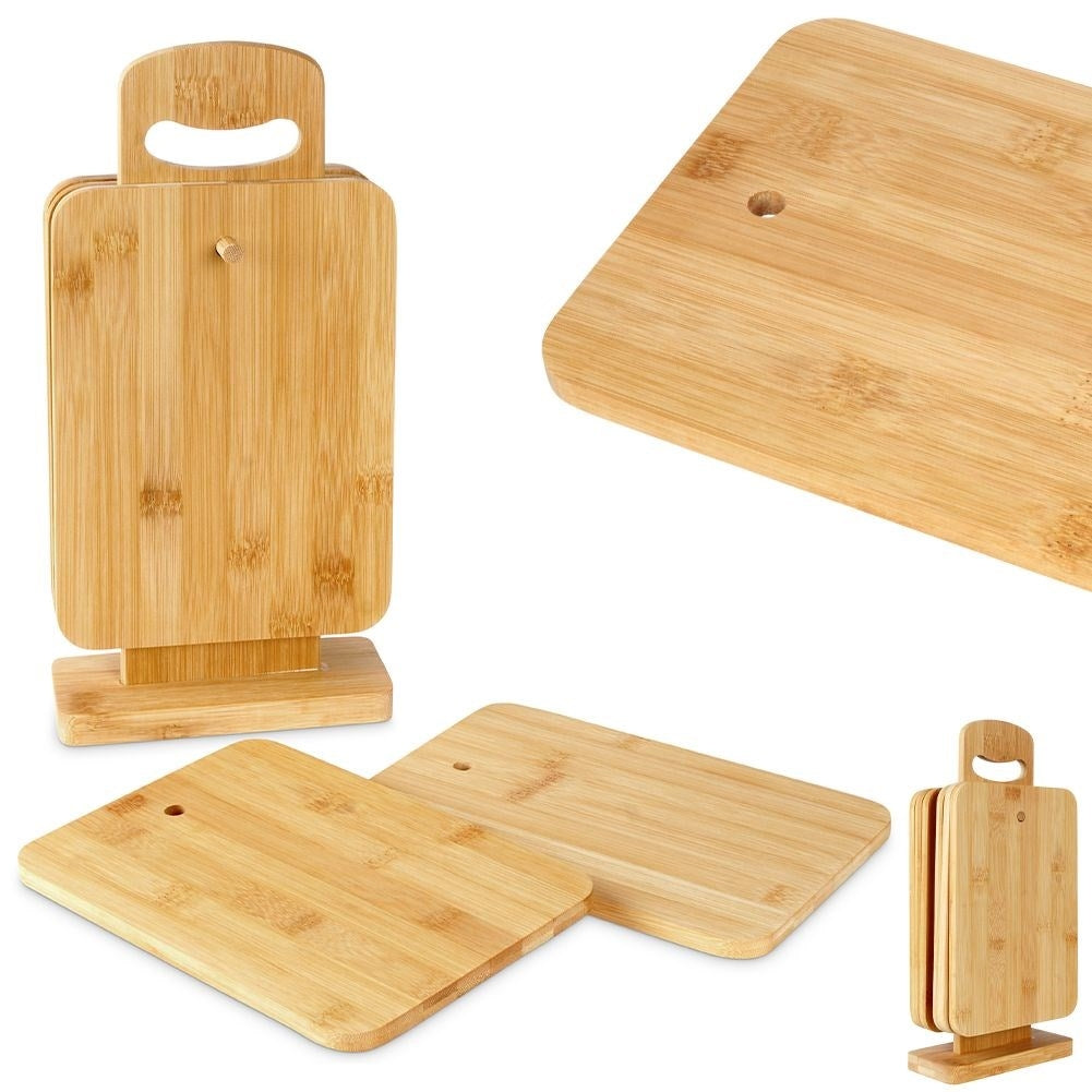Six bamboo cutting boards with stand for cutting and serving