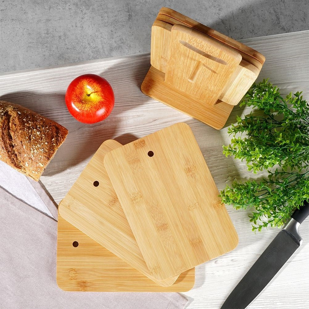 Six bamboo cutting boards with stand for cutting and serving