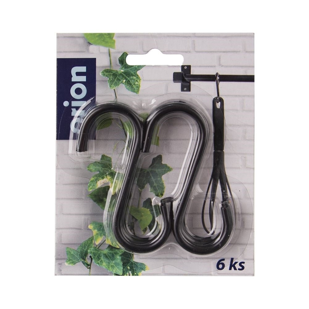 Six black carpet hooks for towels and kitchen utensils