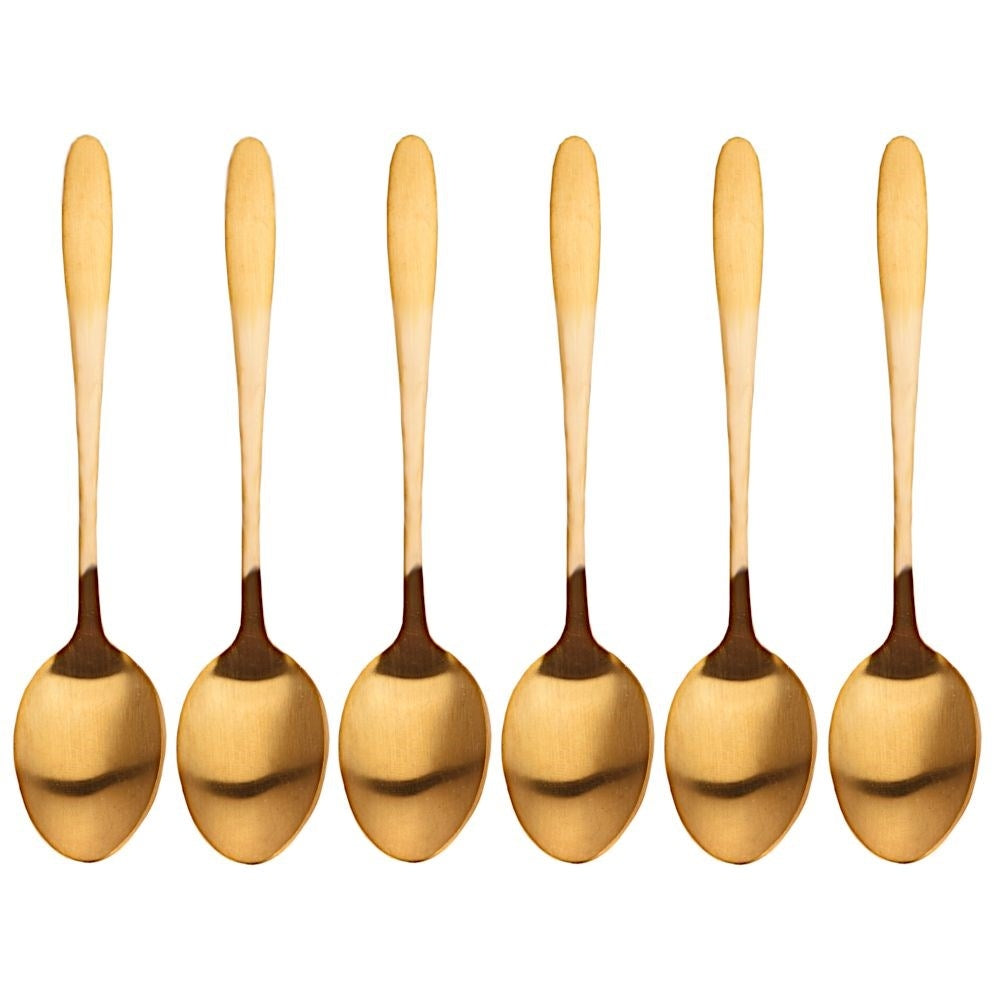 Six coffee spoons and teaspoons in gold colored stainless steel