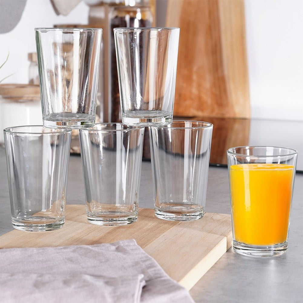 Six glasses 200 ml: Thick, clear glass for drinks