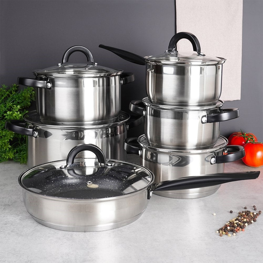 Six-piece kitchen set in stainless steel for all stoves and dishwashers