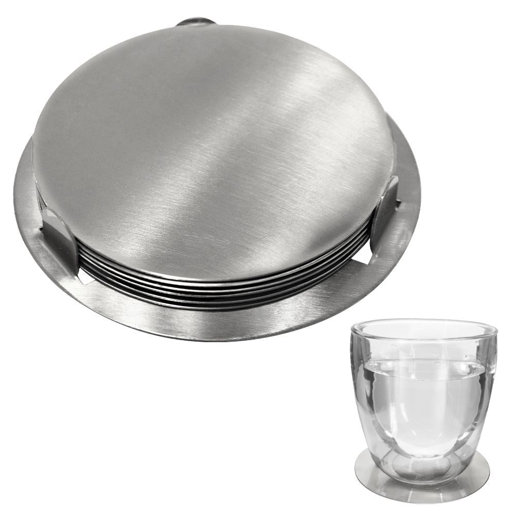 Six stainless steel coasters with protective foam
