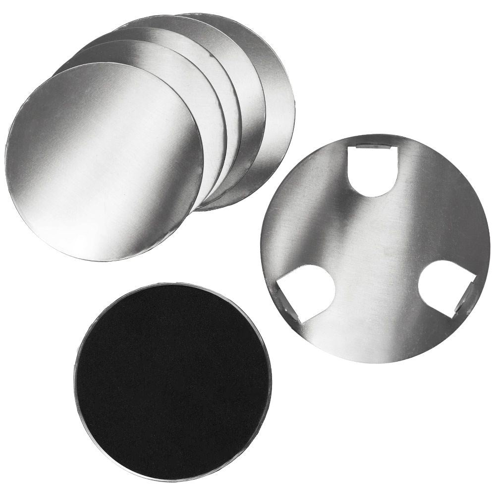 Six stainless steel coasters with protective foam