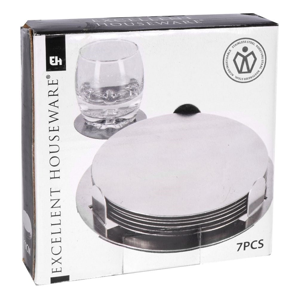 Six stainless steel coasters with protective foam