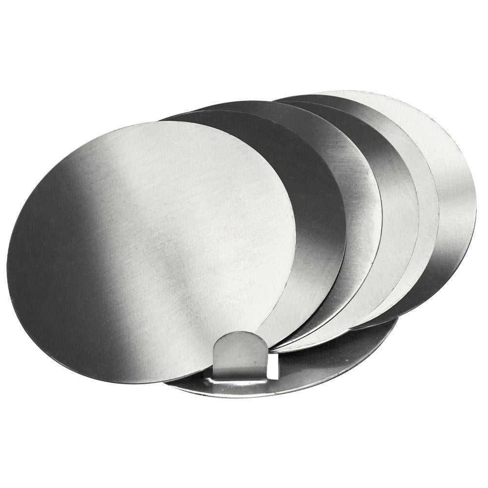 Six stainless steel coasters with protective foam