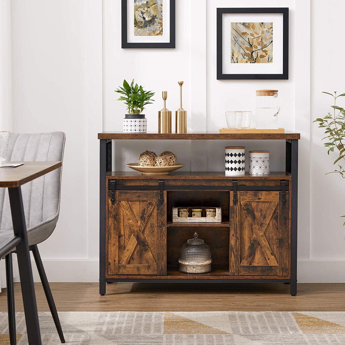 Sliding Door Cabinet – Adjustable Shelves, Rustic Brown