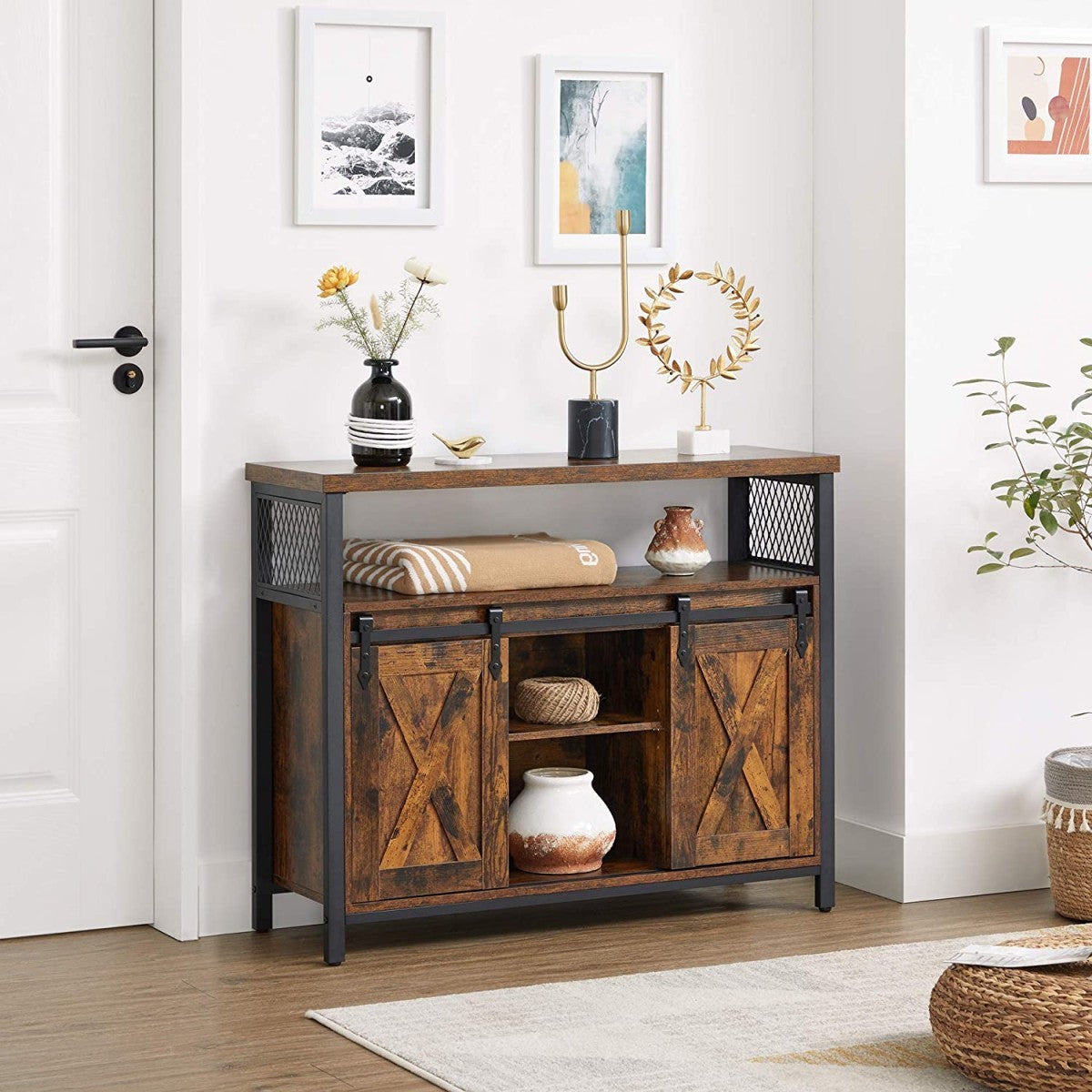 Sliding Door Cabinet – Adjustable Shelves, Rustic Brown