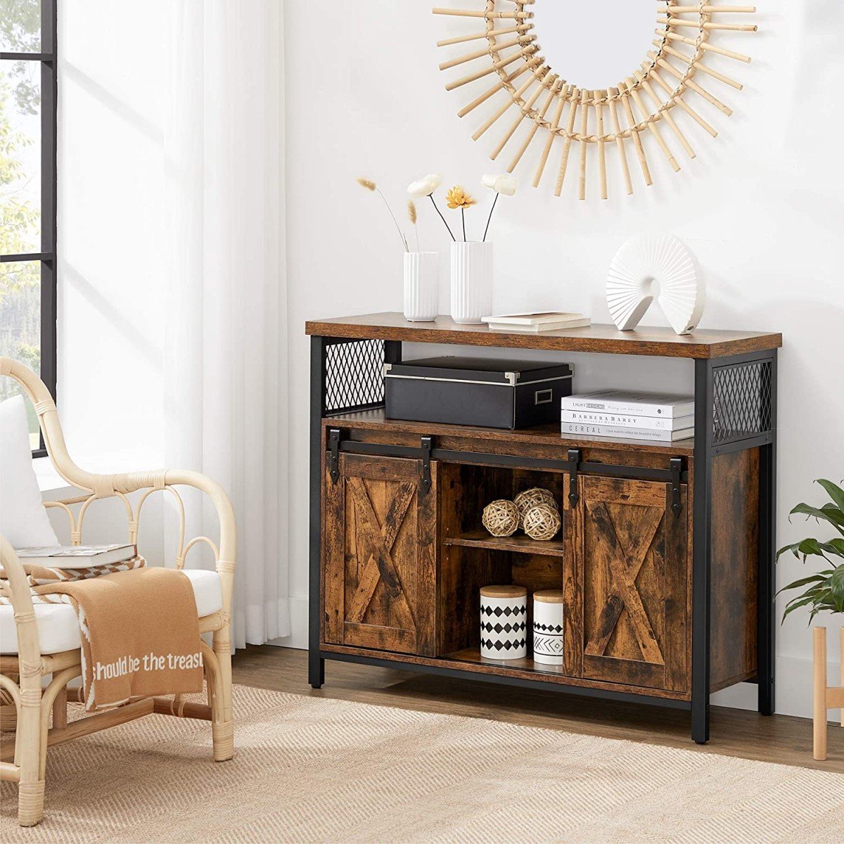 Sliding Door Cabinet – Adjustable Shelves, Rustic Brown