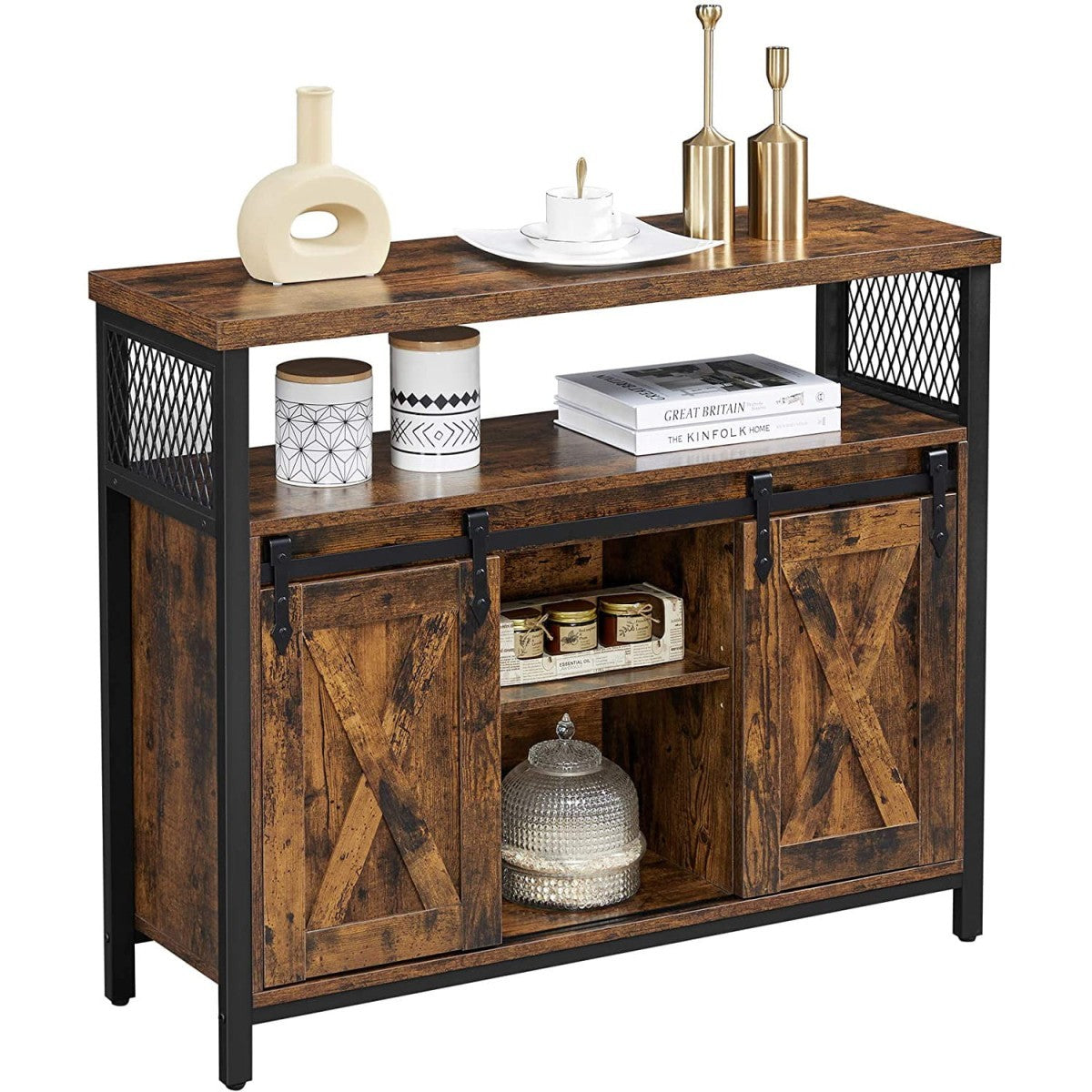 Sliding Door Cabinet – Adjustable Shelves, Rustic Brown
