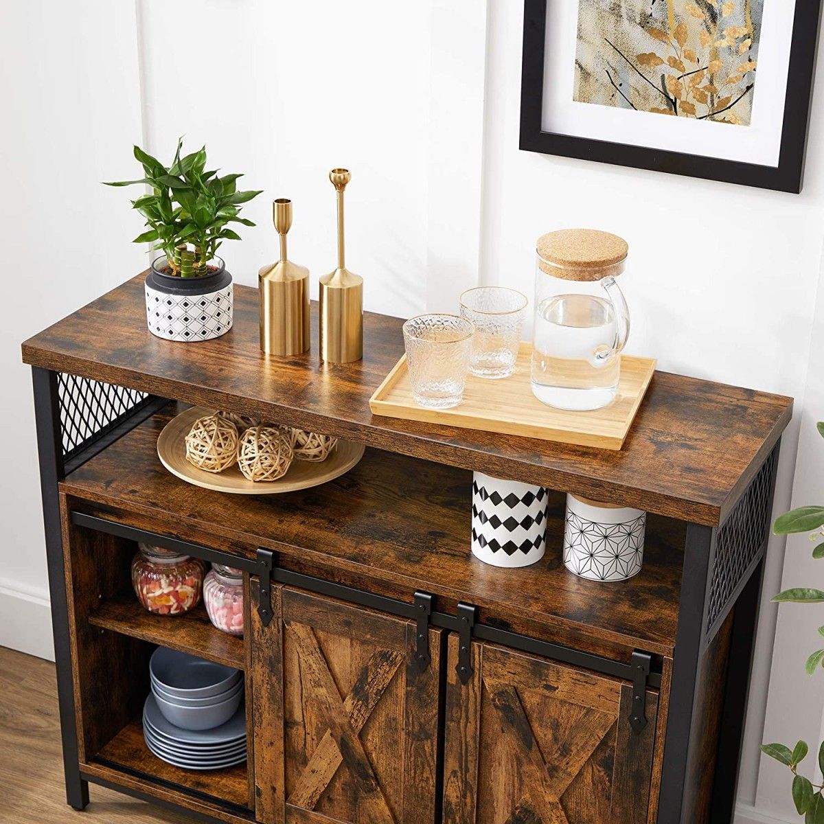 Sliding Door Cabinet – Adjustable Shelves, Rustic Brown