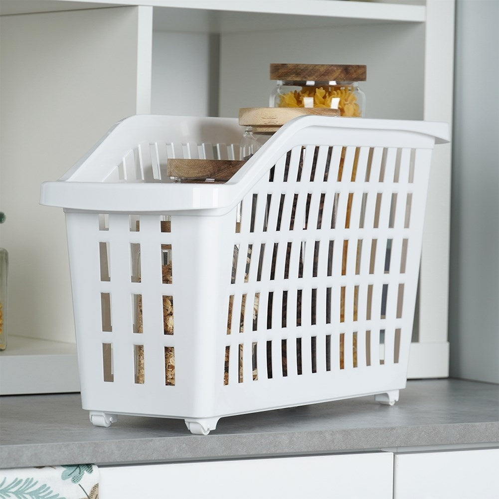 Slim storage container on wheels for home and office