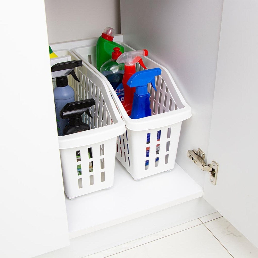 Slim storage container on wheels for home and office