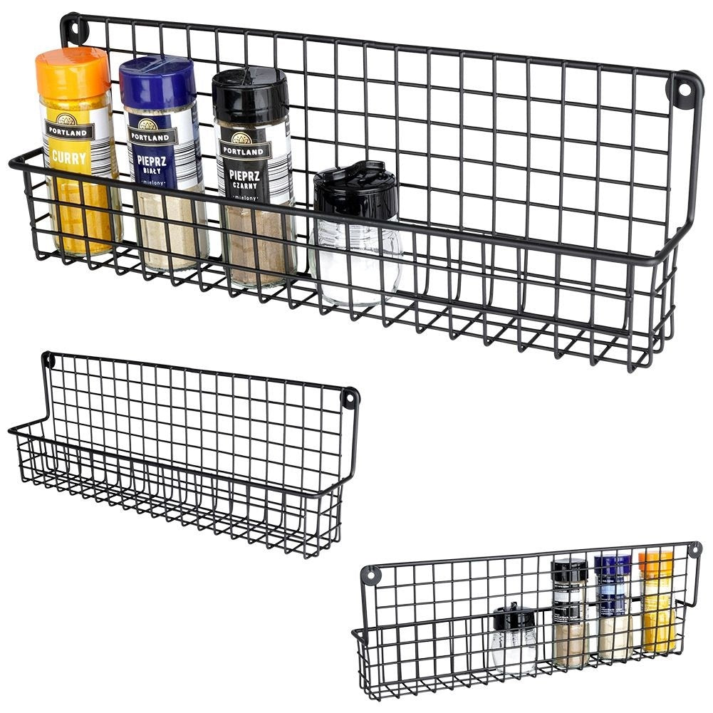 Slim wall-mounted shelf in black metal for spices and cosmetics