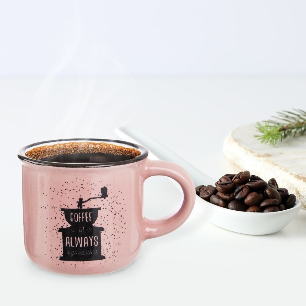 Small Ceramic Espresso Cup - Pink with Black Coffee Grinder