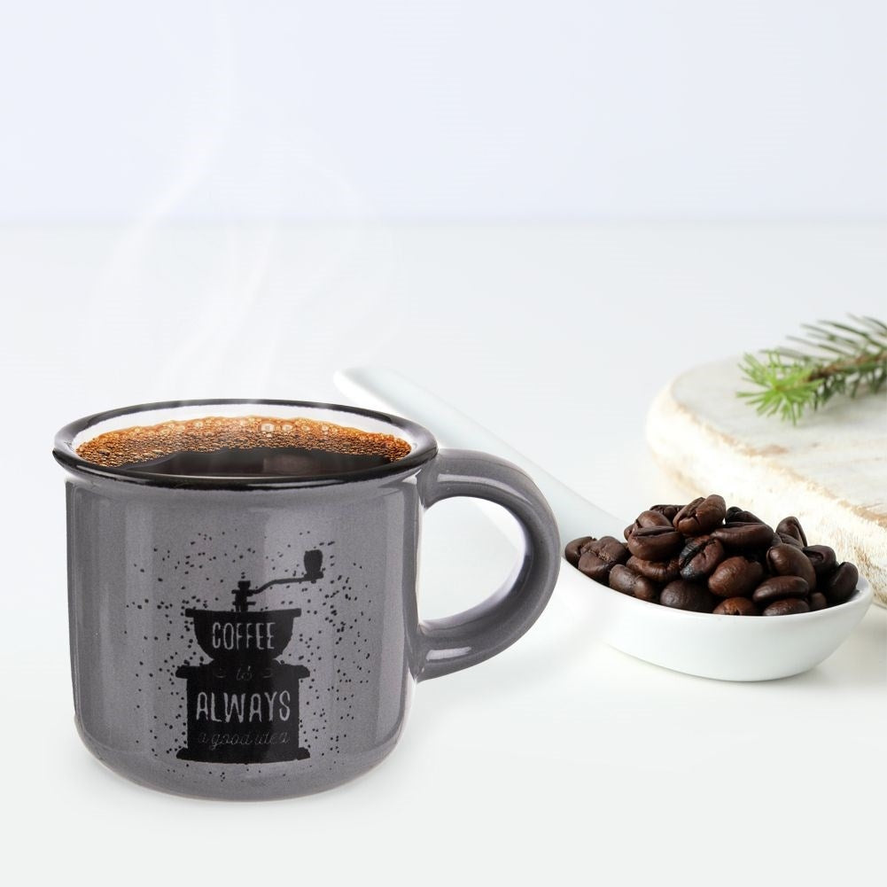 Small Decorated Ceramic Espresso Cup with Coffee Grinder Motif