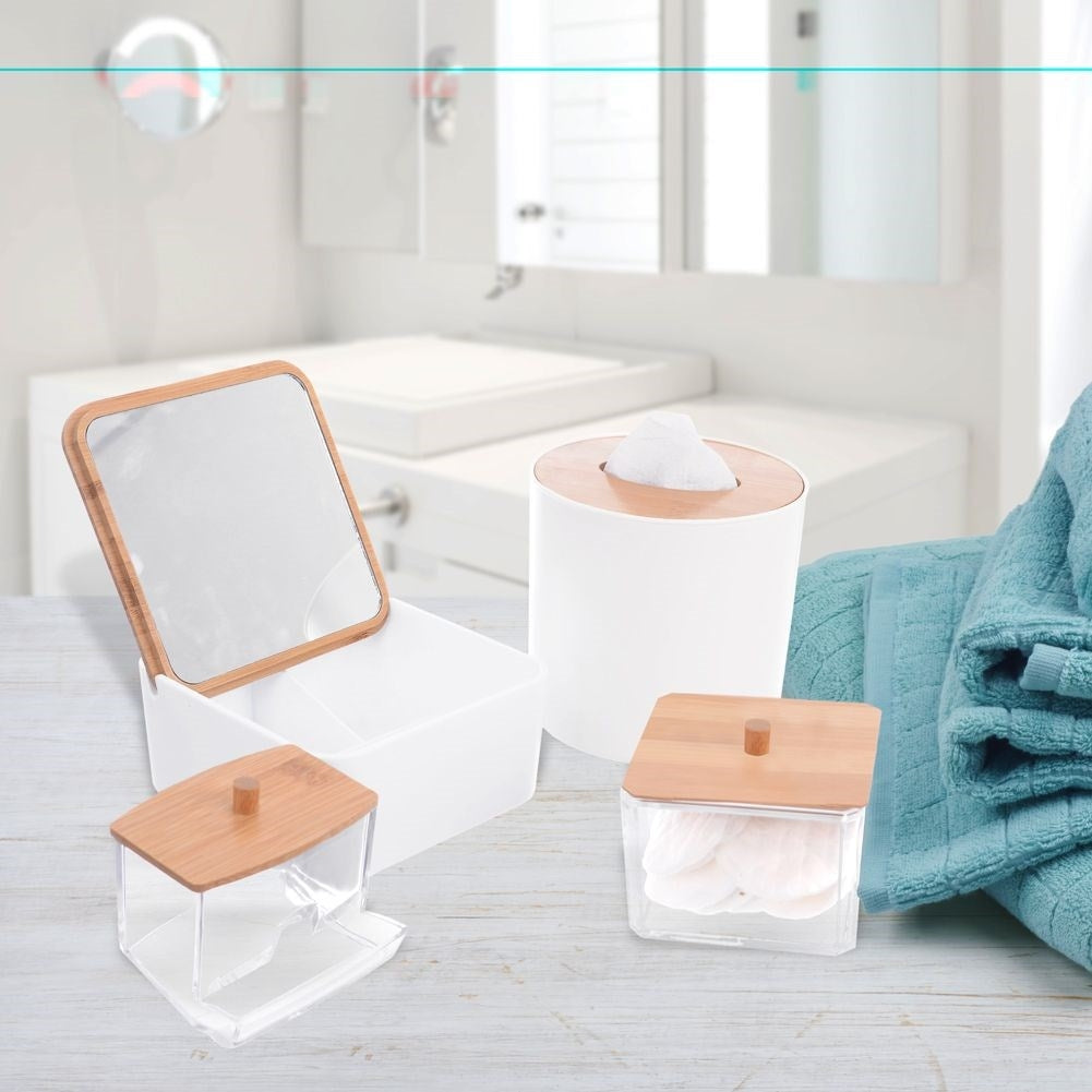 Small durable waste bin for bathrooms in plastic and bamboo
