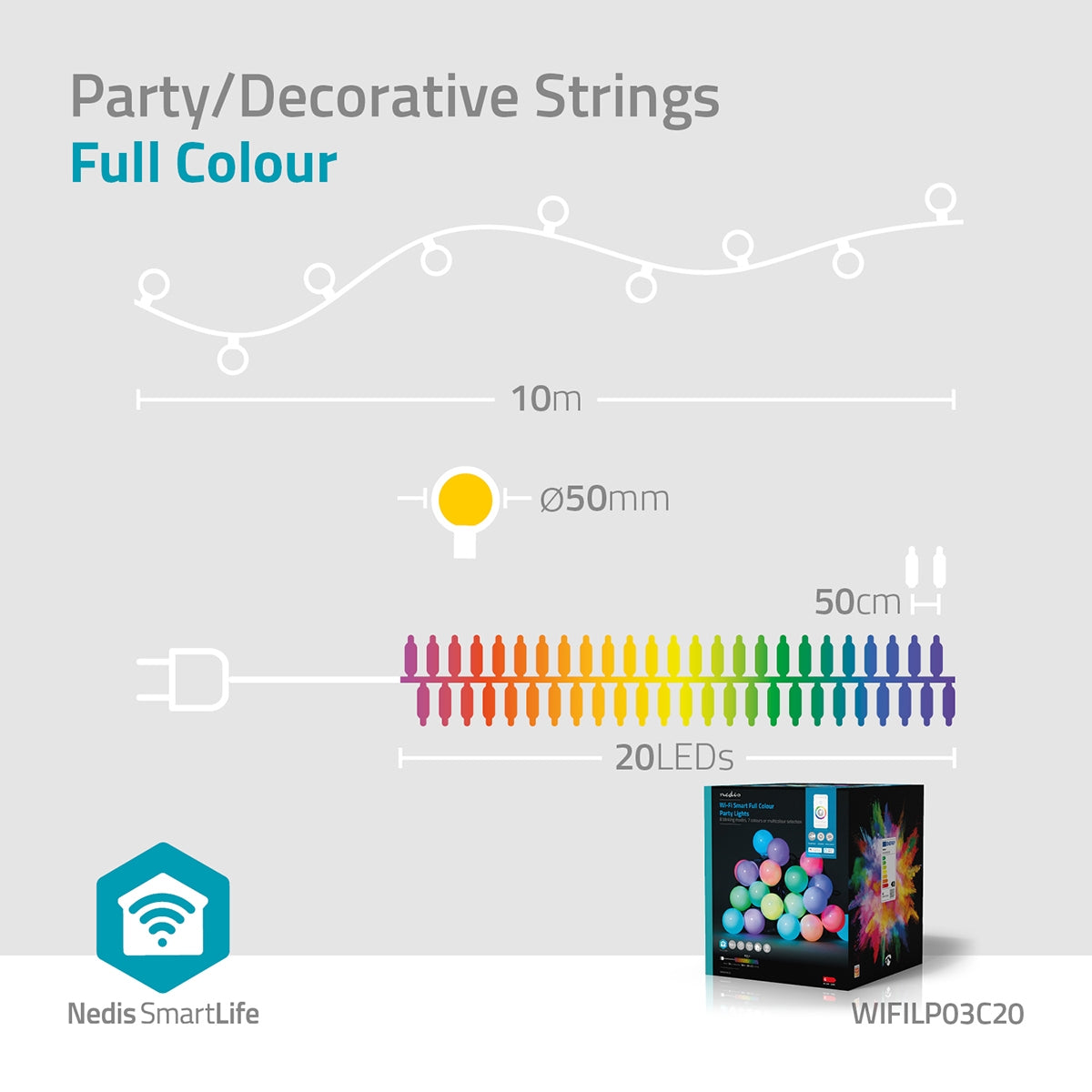 SmartLife Christmas Lighting | Party lights | Wi-Fi | RGB | 20 LEDs | 10 m | Android™ / IOS | Bulb diameter: 50 mm