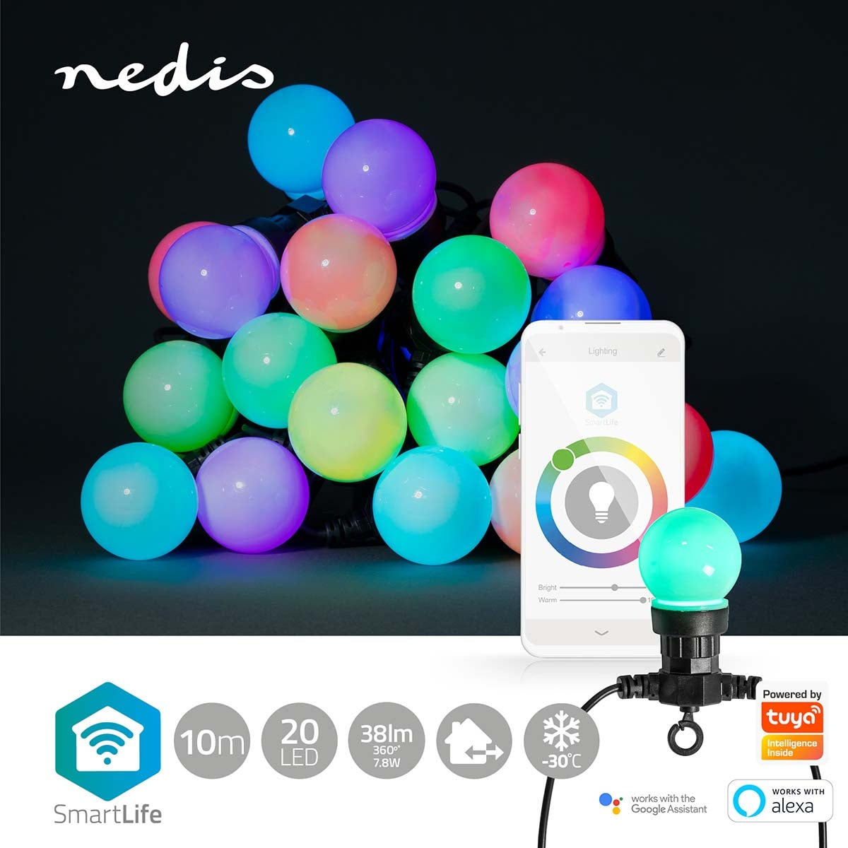 SmartLife Christmas Lighting | Party lights | Wi-Fi | RGB | 20 LEDs | 10 m | Android™ / IOS | Bulb diameter: 50 mm