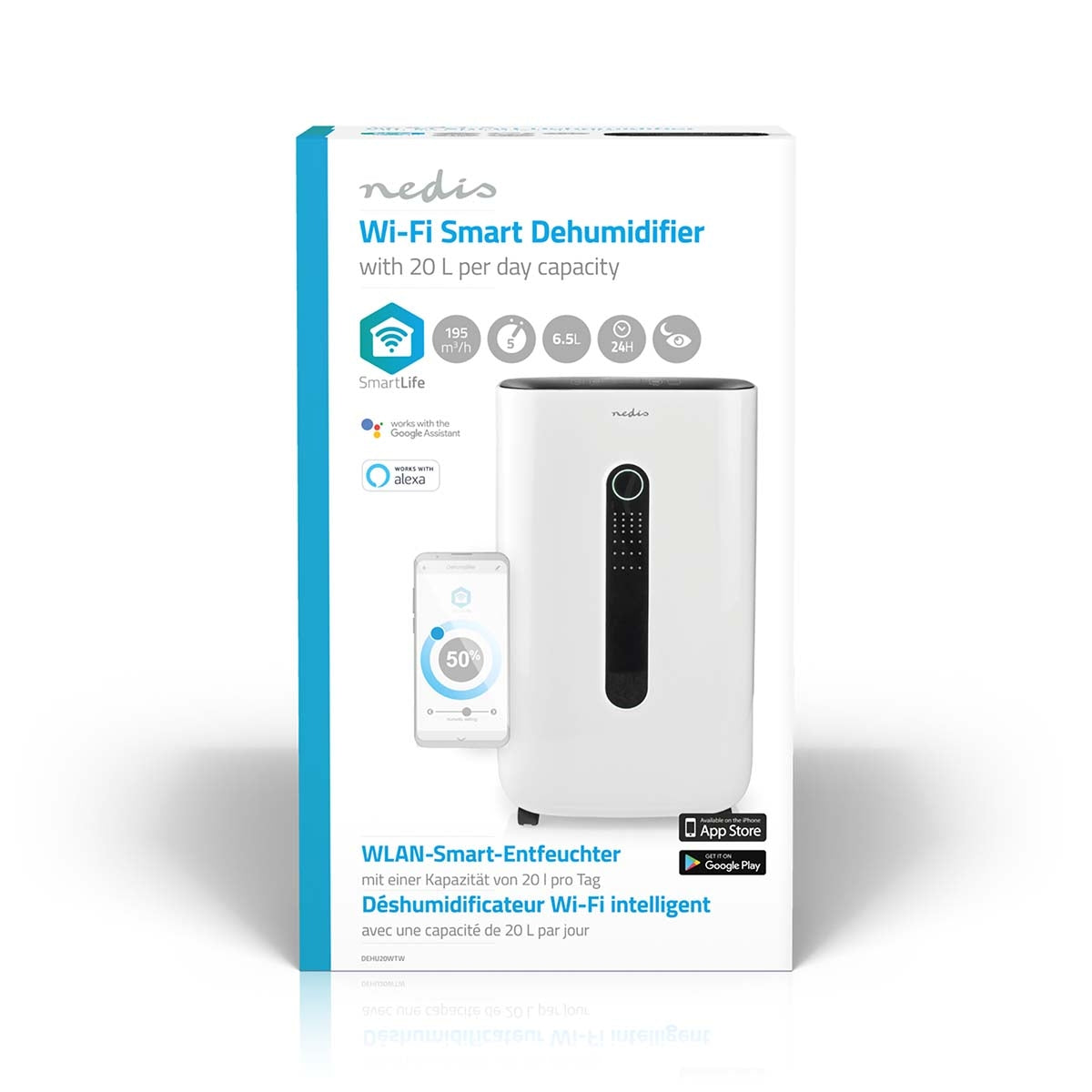 SmartLife Dehumidifier | Wi-Fi | 20 l/Day | Dehumidification / Continuous / Max+ / Dry laundry / Ventilation | Android™ / IOS | Adjustable hygrostat | 195 m³/h