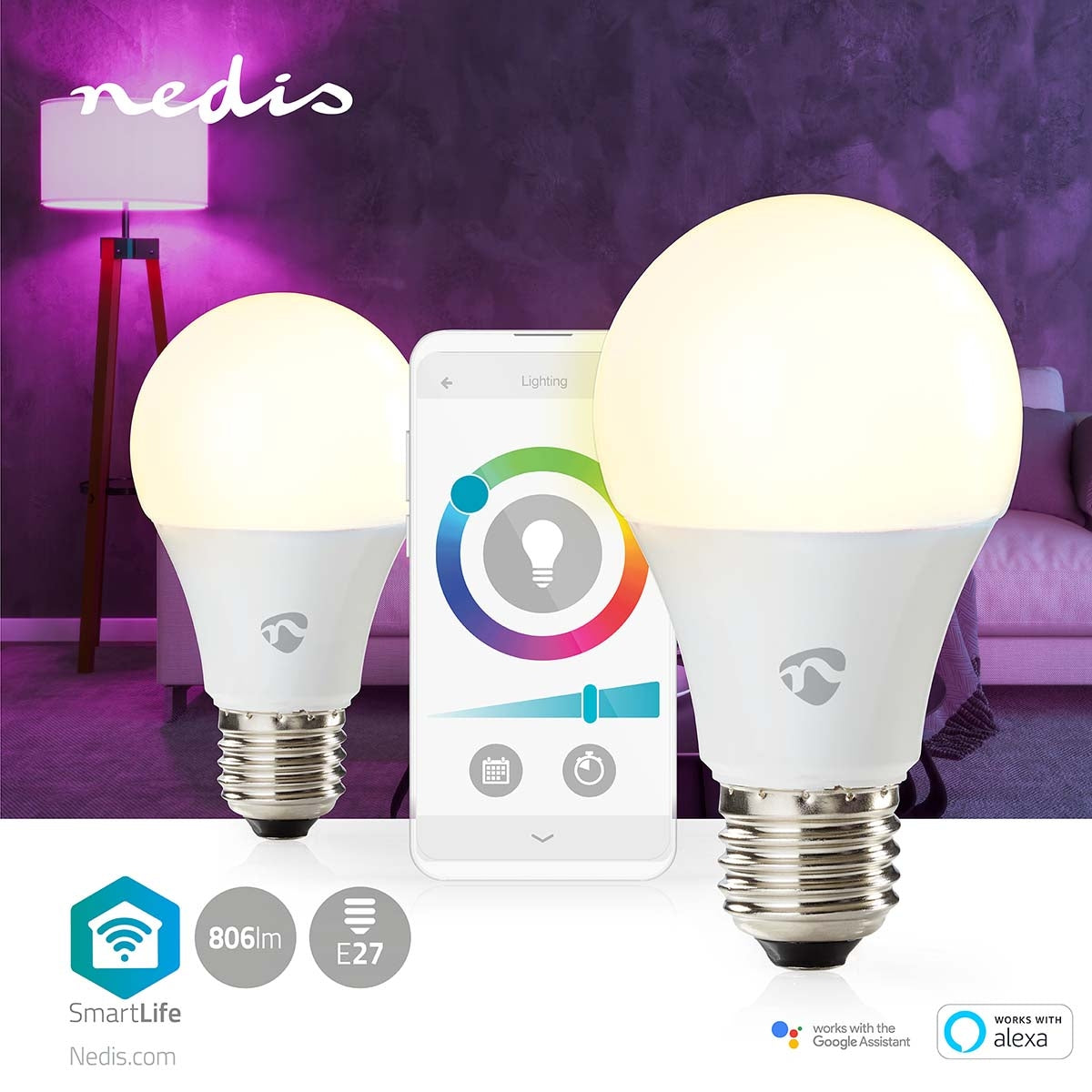 SmartLife Full Color Light Bulb | Wi-Fi | E27 | 806 lm | 9 W| RGB / Warm to cool white | 2700 - 6500 K | Android™ / IOS | Light bulb | 2 pcs.