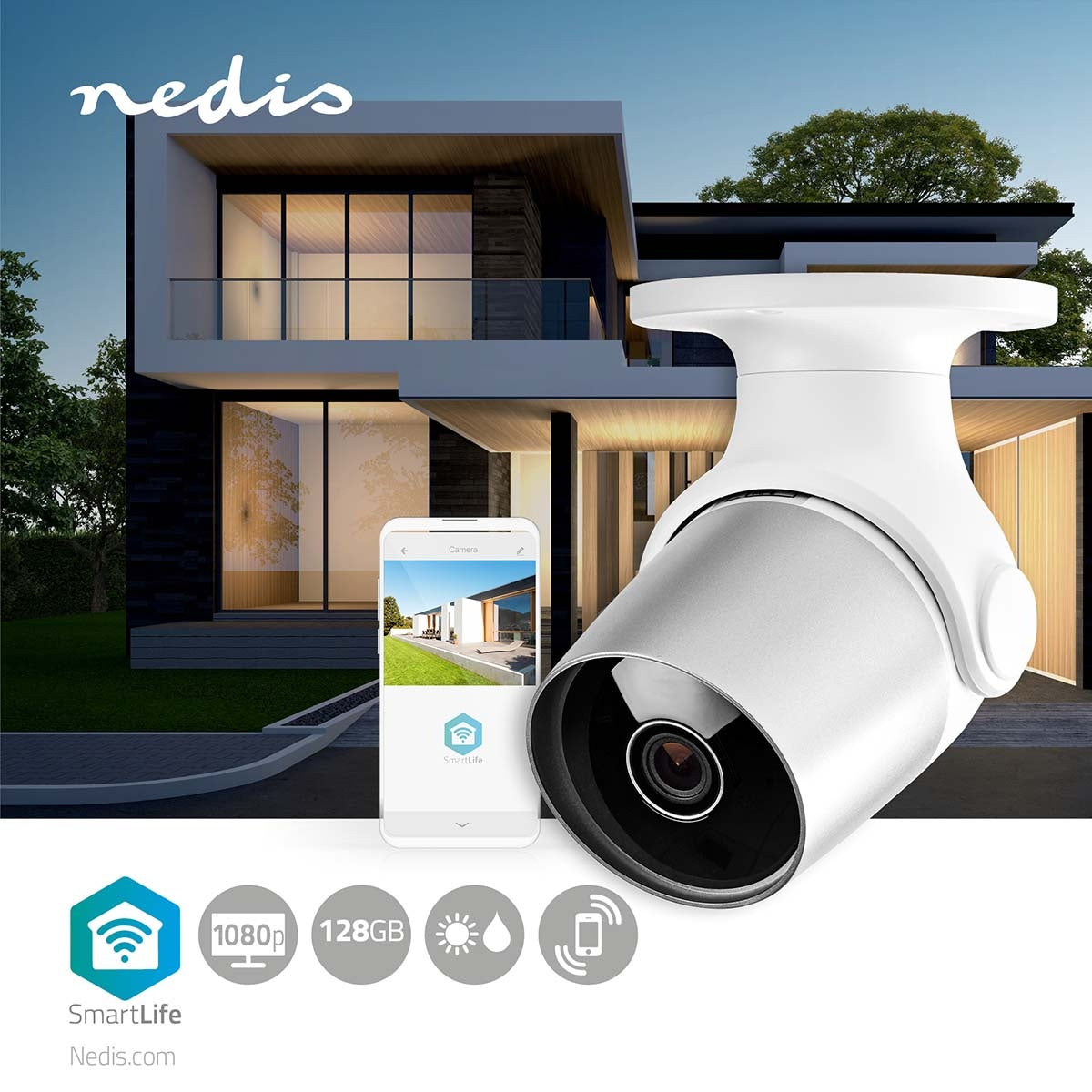 SmartLife Outdoor Camera | Wi-Fi | Full HD 1080p | IP65 | microSD (not included) / Cloud storage (optional) | 12 V DC | With motion sensor | Night Vision | Silver / White