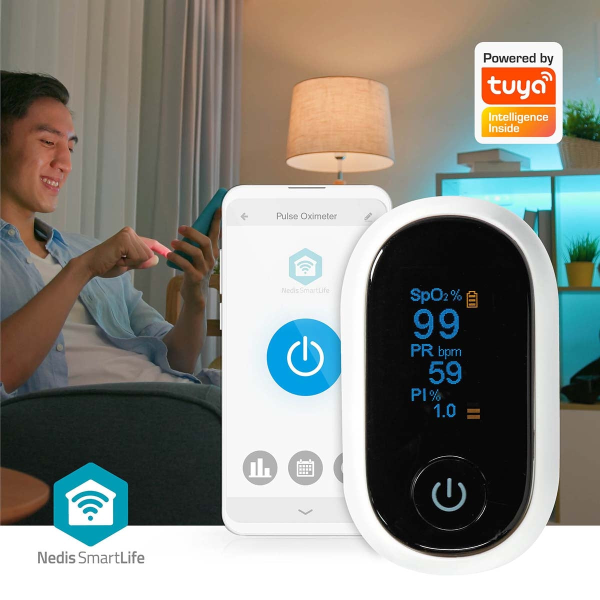 SmartLife Oxygen Meter | Bluetooth | OLED screen | Audible Alarm / Perfusion Index / Pulse Rate / High Precision Sensor / Impaired Movement Disorder / Oxygen Saturation (SpO2) | White
