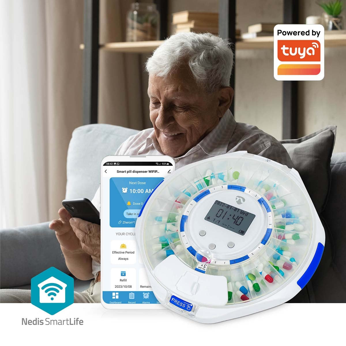 SmartLife Pill Dispenser | Wi-Fi | 28 Compartments | Number of alarmtimes: 9 Alarm Times Per Day | Beep / Light / Voice | LCD display | White