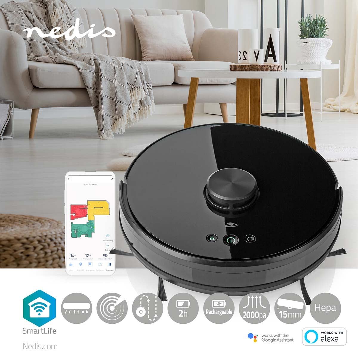 SmartLife Robot Vacuum Cleaner | Laser Navigation | Wi-Fi | Capacity collection reservoir: 0.6 l | Automatic charging | Maximum operating time: 2 hrs | Black | Android™ / IOS