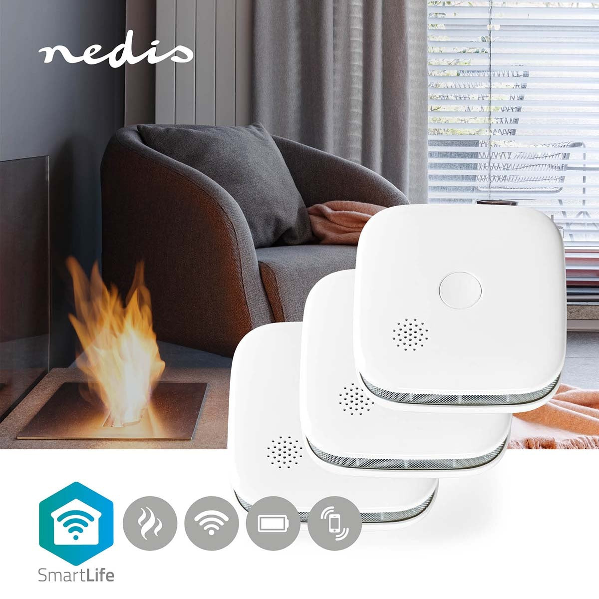 SmartLife Smoke Detector | Wi-Fi | Battery Powered | Sensor life cycle: 10 year | EN 14604 | Max. battery life: 24 Months | 85 dB | White | 3 pcs