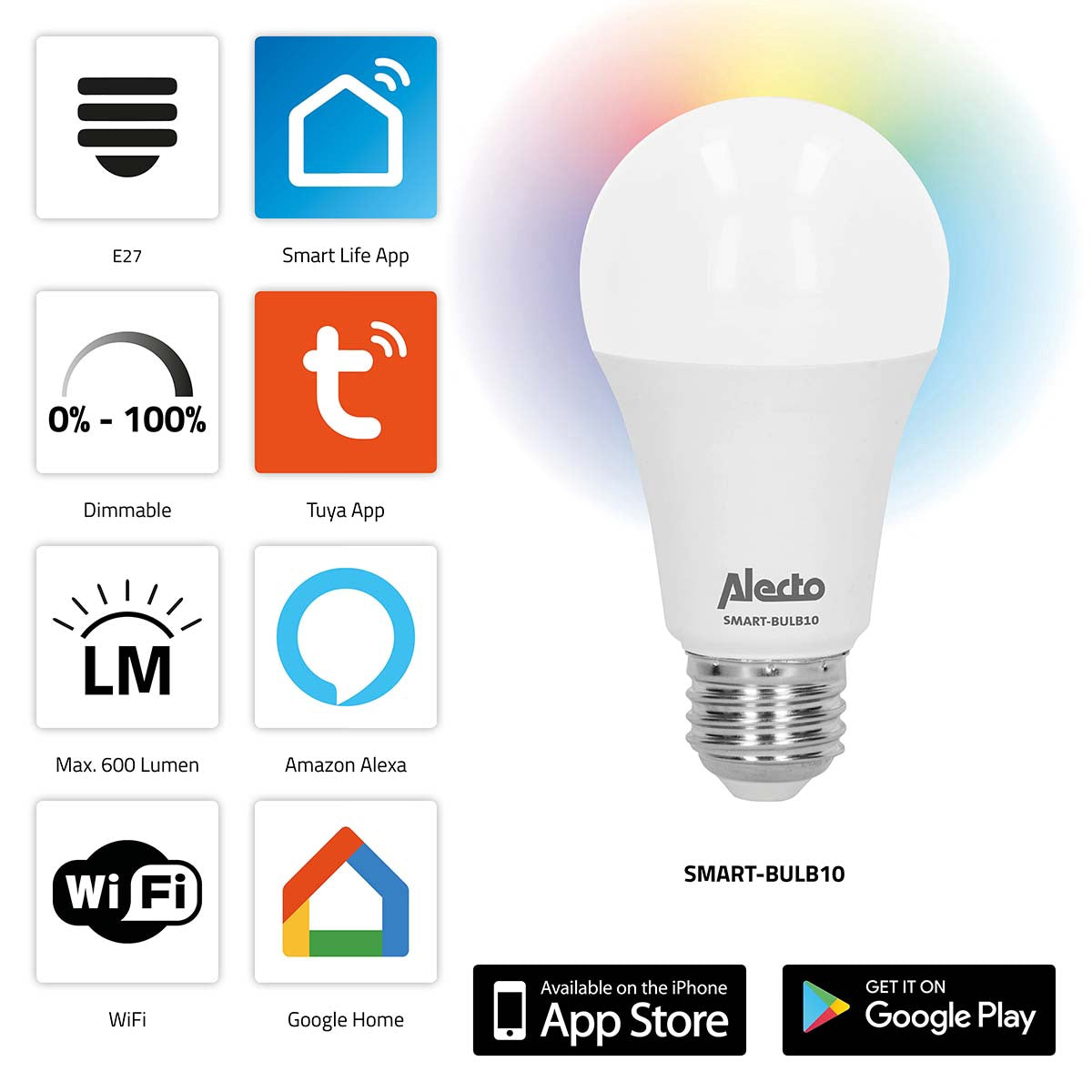 Smart Wi-Fi LED Bulb, E27, Dimmable, Voice Control