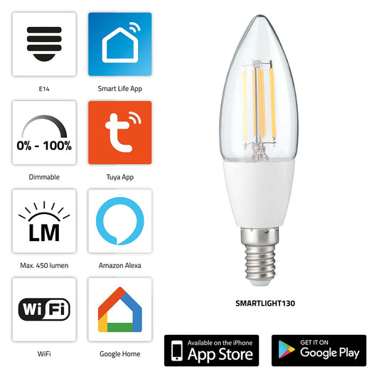 Smart Wi-Fi LED Filament Bulb, Dimmable, E14, 450 Lumens