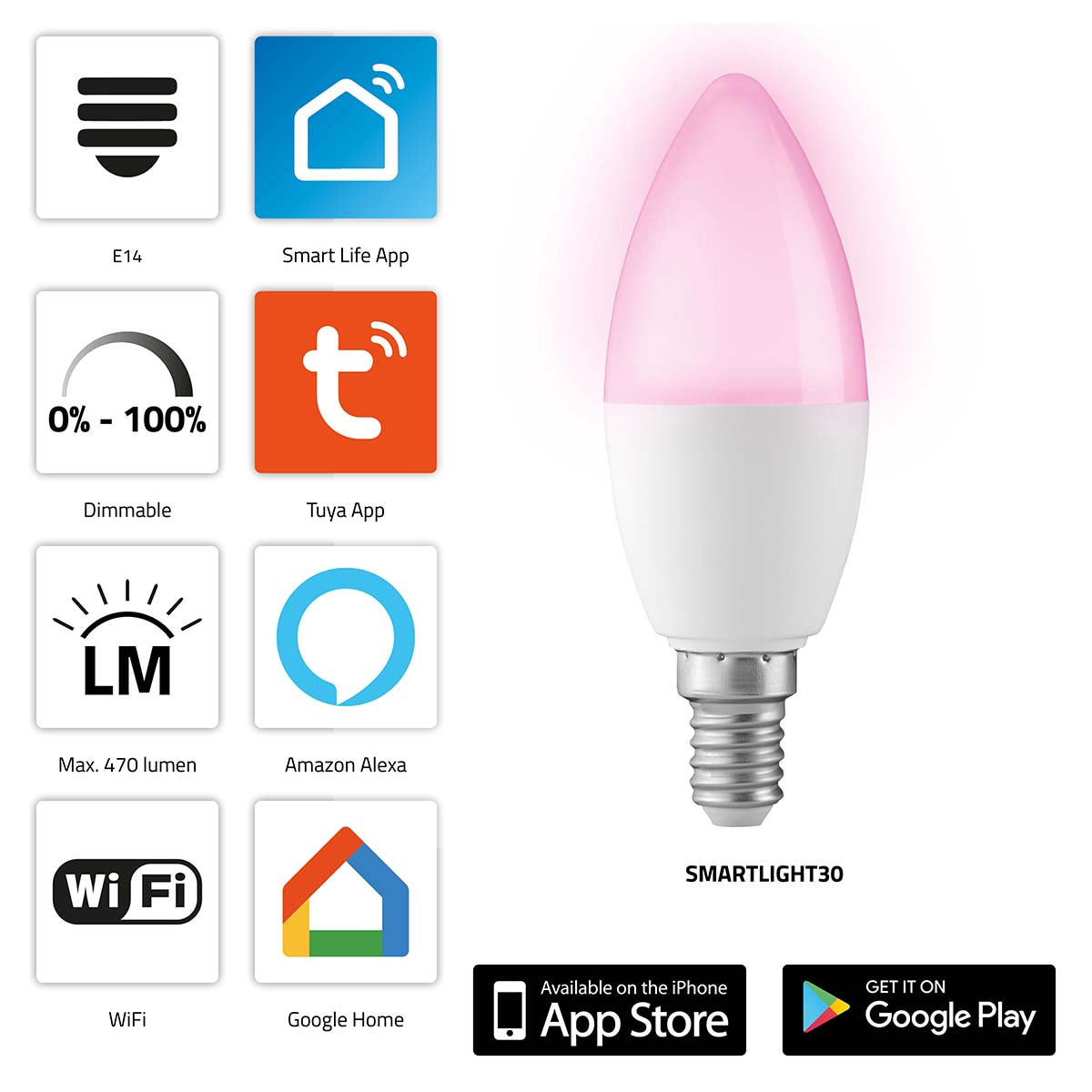 Smart Wi-Fi LED Lamp, RGB, Dimmable, E14 Fitting