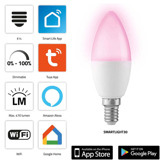 Smart Wi-Fi LED Lamp, RGB, Dimmable, E14 Fitting