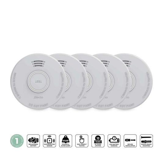 Smoke Alarm with 1-Year Battery, Photoelectric, 5-Pack