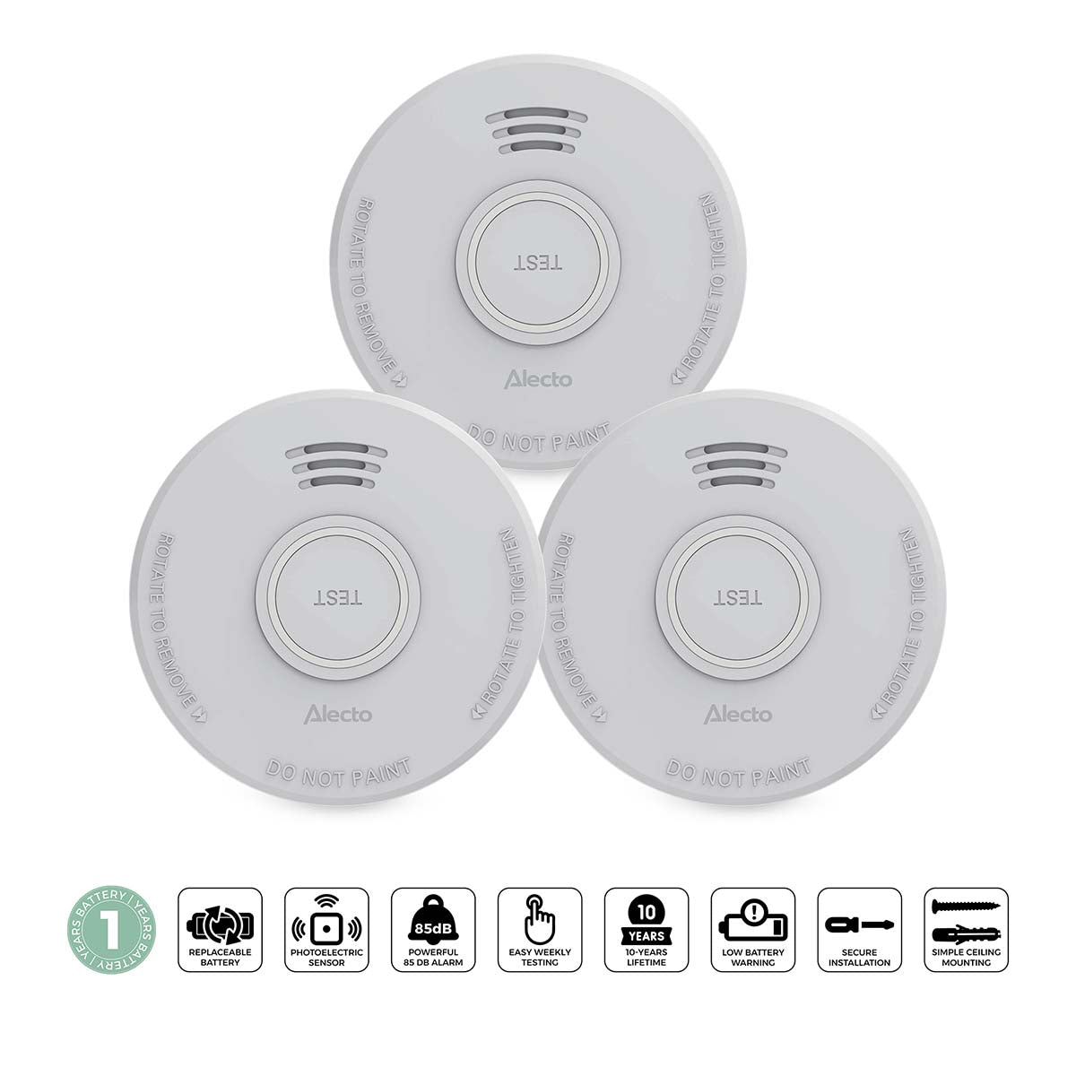 Smoke Alarm with 1-Year Battery, White, 3-Pack